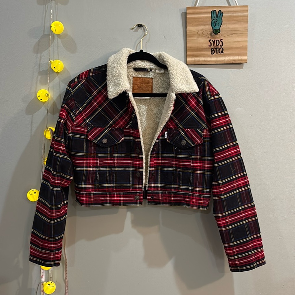 levi’s plaid cropped corduroy fur jacket